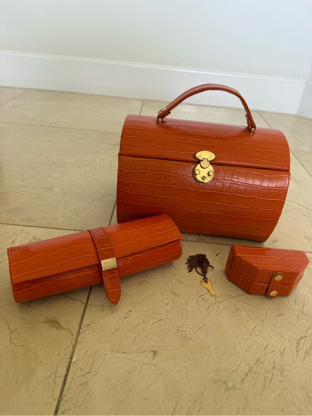 Rowallan Travel Jewelry Case Set in Orange Croc-Embossed Bonded Leather